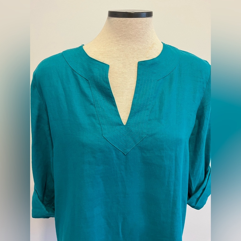 Ralph Lauren Turquoise Linen Blouse V neck Tunic Beach Resort wear Classic Prep - Picture 7 of 9